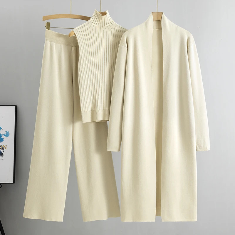 Spring Autumn 3 Piece Women Cardigan Tracksuits Fashion Knitted Pant Set Ladies Sweater Suit Vintage 240402
