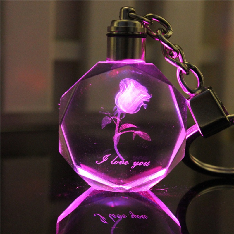 Artificial Crystal Rose Heart Keyring KeyChain LED Couple Lovers Girlfriend Boyfriend Key Ring Keychain Valentines Day Gifts
