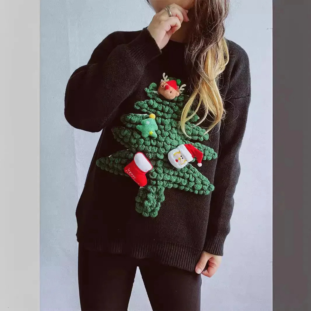 Arrival Autumn/Winter American Style 3D Plucked Christmas Tree Red Sweater Loose Suitable for Womens Year 241113