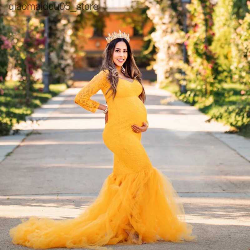 Maternity Dresses Long sleeved maternity clothing photo shoot sexy off shoulder lace pregnancy dress maternity clothing photo prop Q240413
