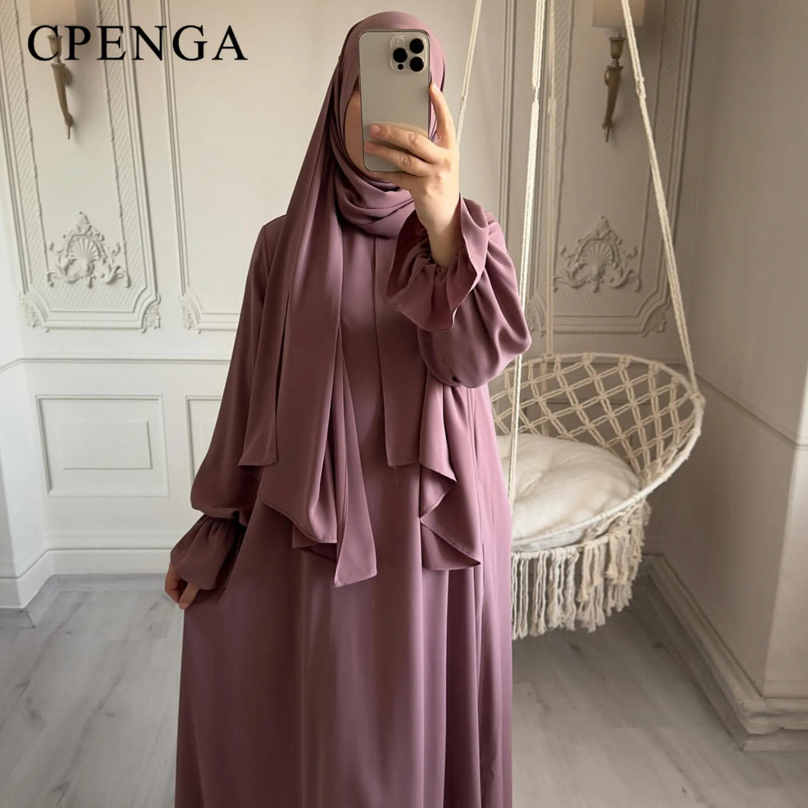 Spring Muslim dress Eid al Fitr Arab womens headdress Abaya Dubai 2 pieces of Islamic long sleeved gown 241111