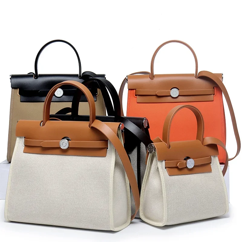 Splicing Canvas Cowhide New Tote Bag Senior Sense of Elegance and Light Single Shoulder Handbag Crossbody Leather Women's smile