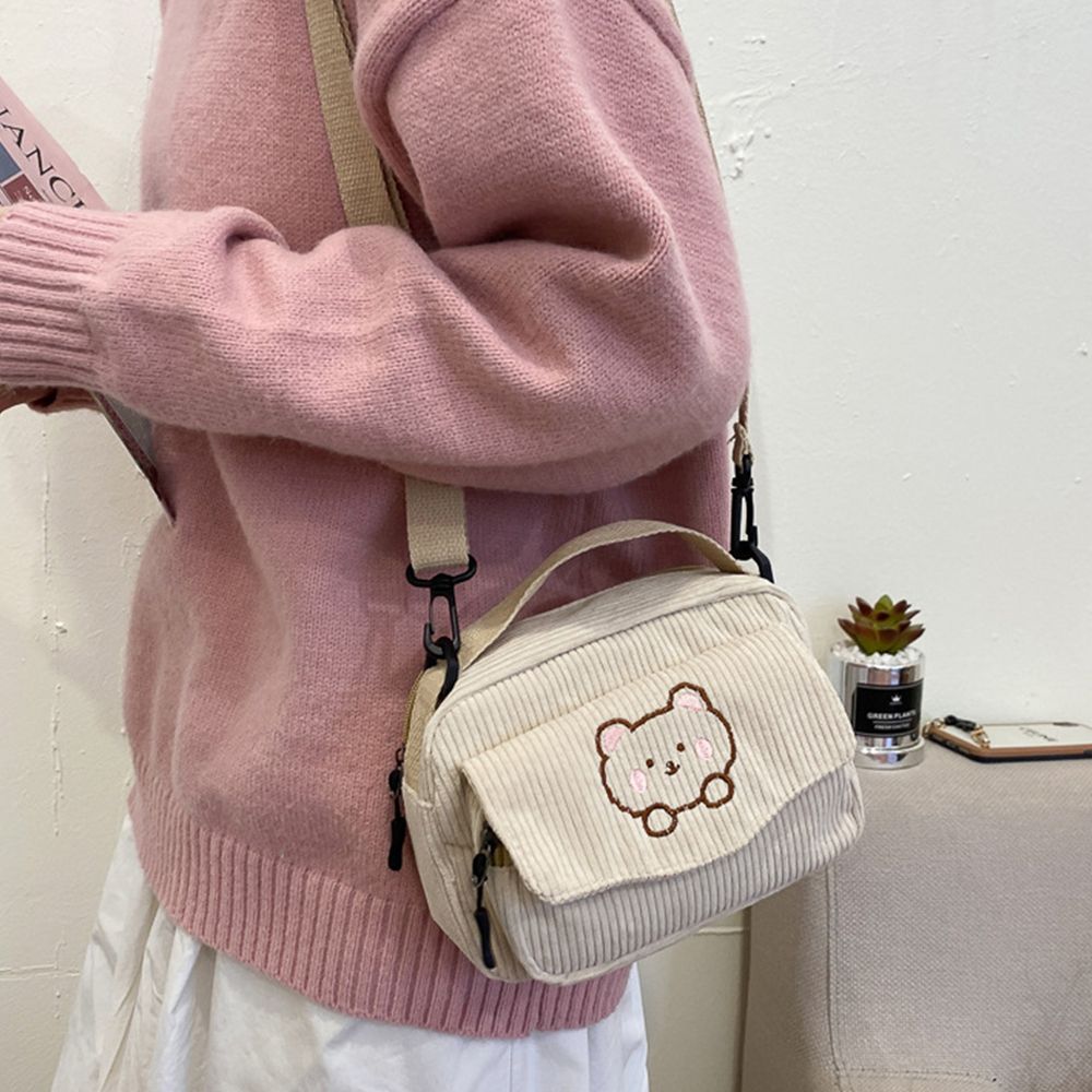 New Fashion Women Corduroy Cartoon Bear Print Shoulder Bags Student Tote Messenger Bag Satchel Travel Handbags