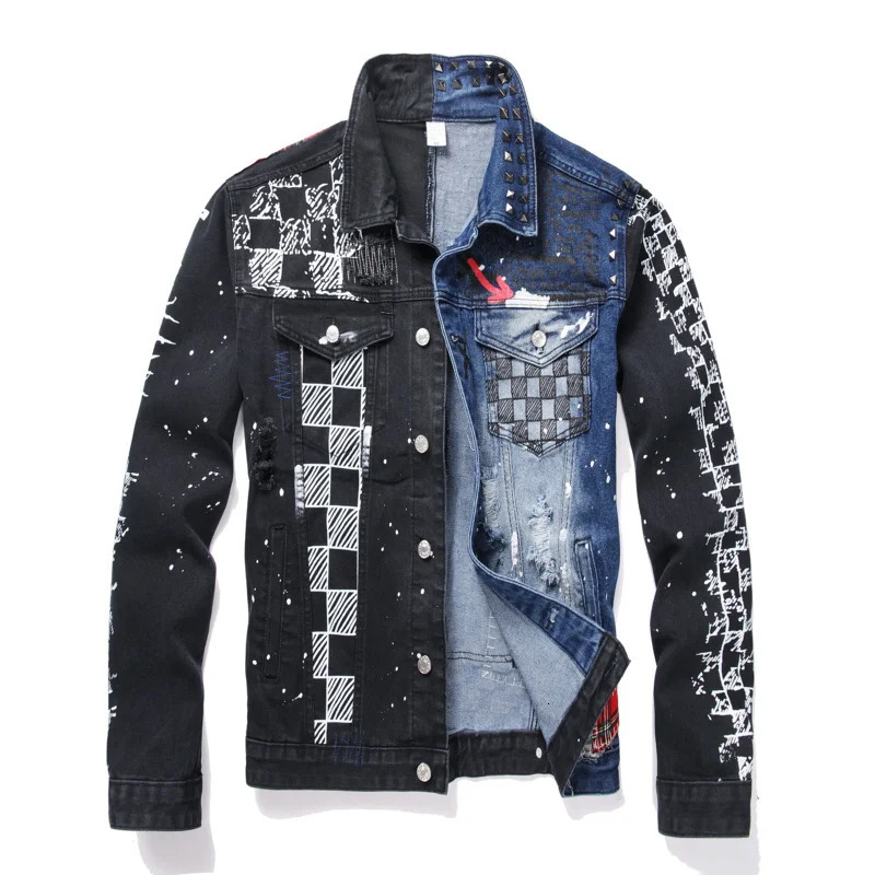 Y2K Street Graffiti Mens Denim Jacket High end Fashion Personalized Spray Paint Printed Jacket Black Casual Loose Denim Top 241112