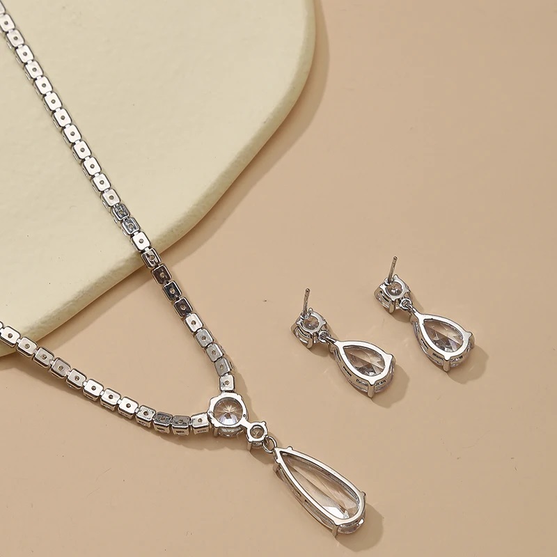 Water Drop Rhinestone Obega Long Pendant Crystal Sier Plated Necklace Earrings Elegant Zirconia Bridal Wedding Jewelry Set smile