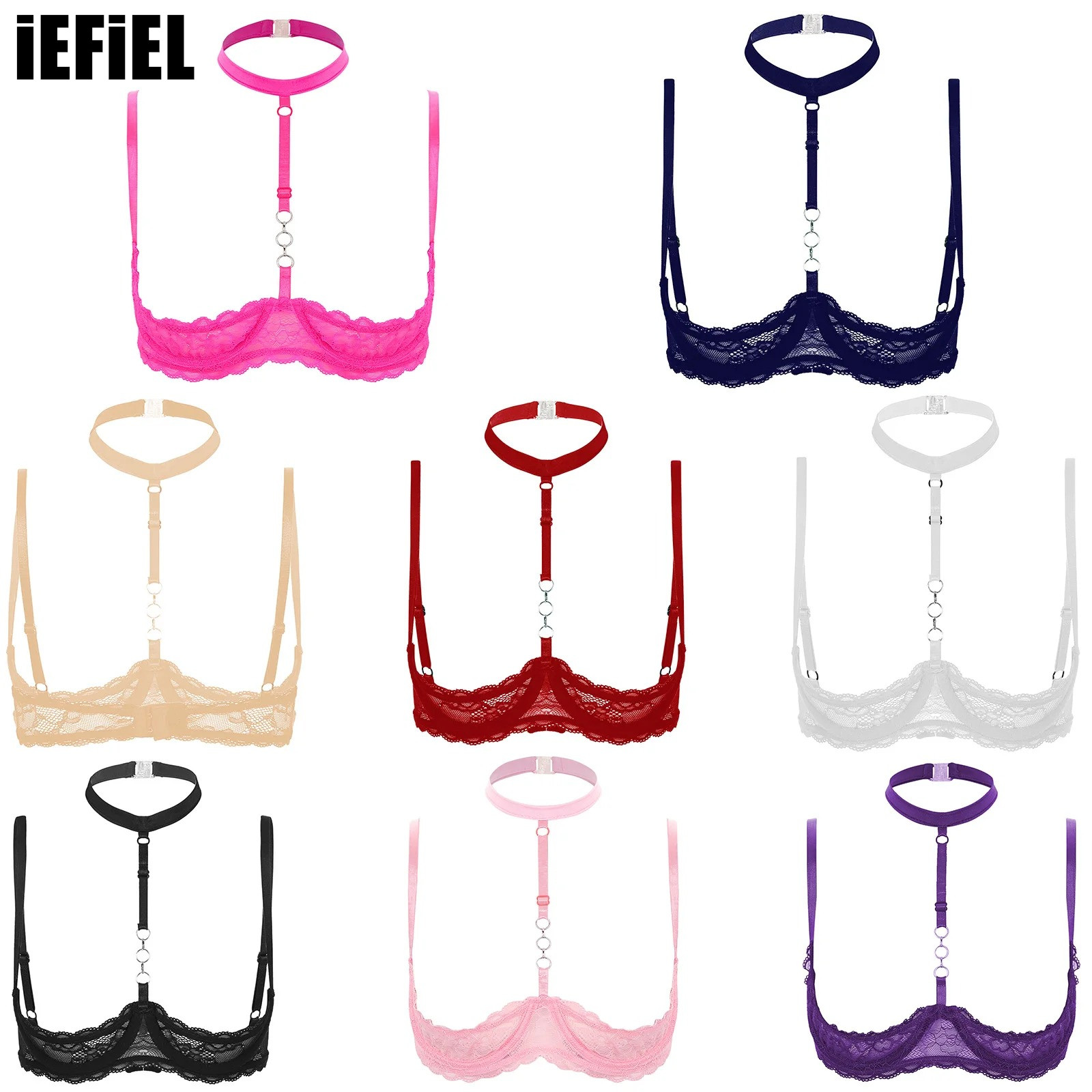 Underwire Cups Womens 1/4 Bra Halter Neck O Ring Sheer Lace Push Up Brassiere ddmysmile Lingerie Underwear Smile