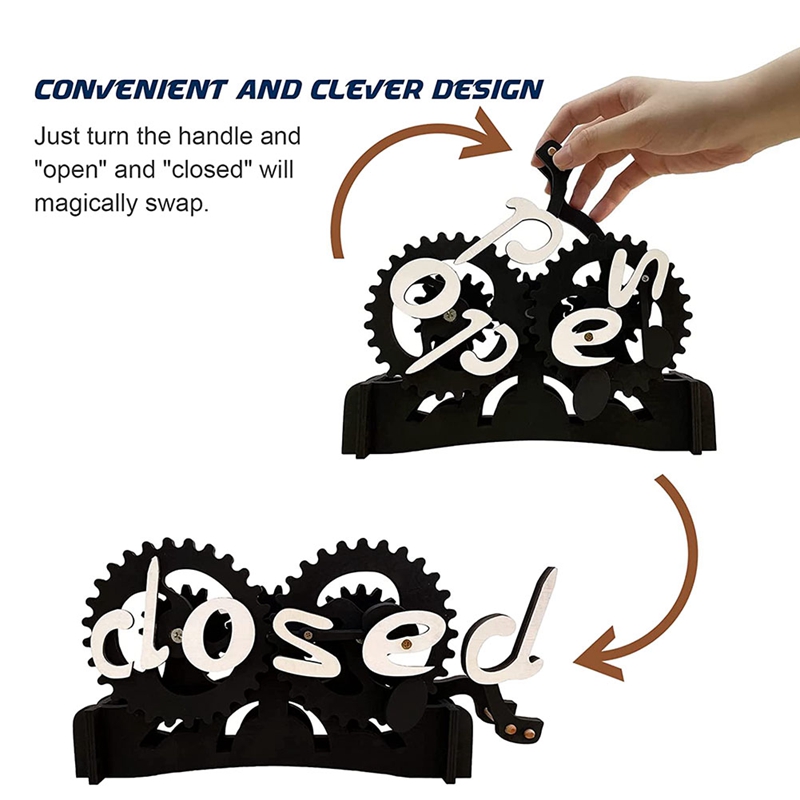 Open Closed Sign Board, Wooden Gear Mechanism Convertible Open Signs For Business, Creative Manual Mechanical Hanging