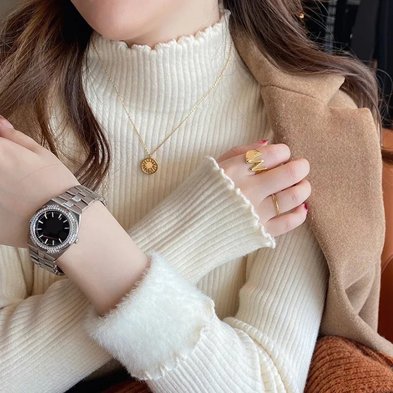 Womens pleated plain neck sweater in autumn and winter thick wool insulation puller womens cashmere sweater 241113