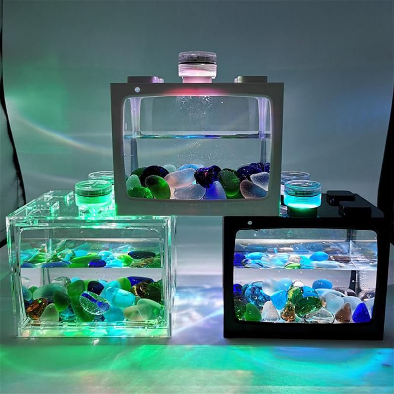 Mini Transparent Desktop Fish Tank With Light Portable Aquarium Fish Keeper Fishbowl For Office Landscape Building Blocks Tank