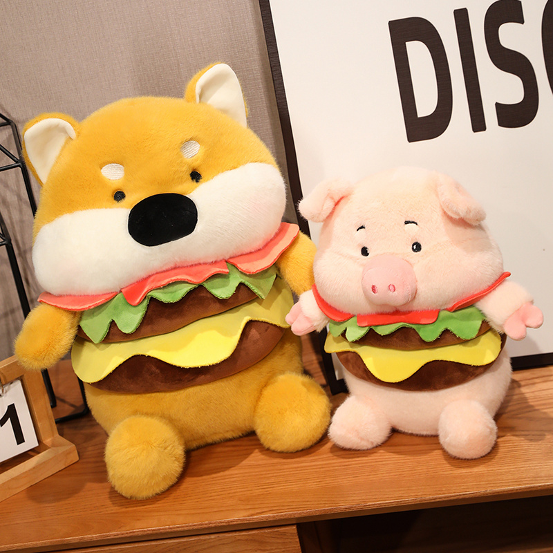 25cm Kawaii Hamburger Dog Pig Doll Plush Toy Stuffed Soft Creative Animal Pillow Toys for Holiday Birthday Gift