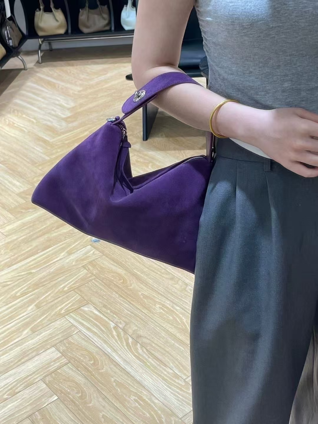 New High-End Soft Winter Large Hobo Tote 100% Genuine Suede Leather Women Shoulder Crossbody Purple Nubuck Ladies Hand Bag Paisley BagVoyage