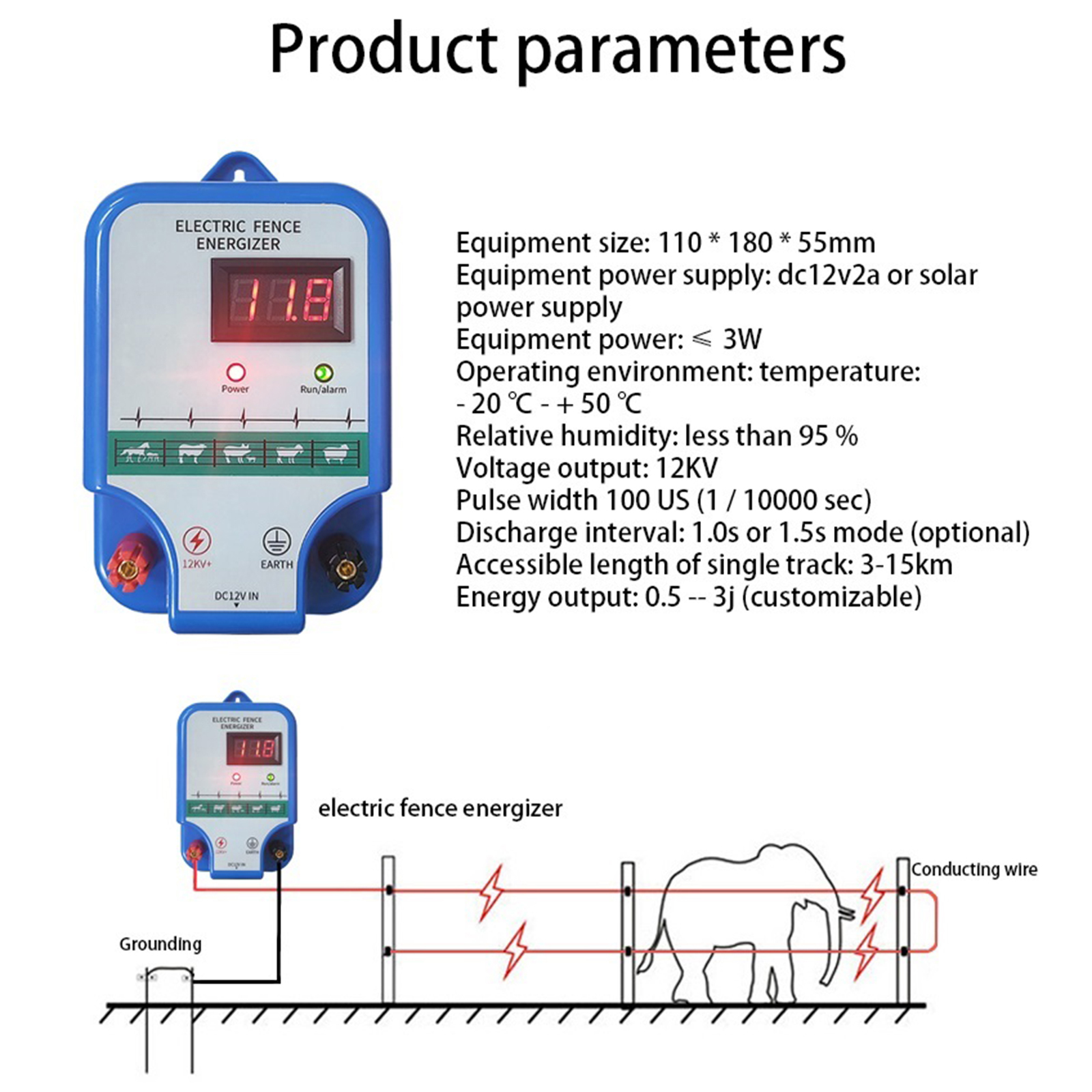 8KM Electric Fence Energizer Dogs Sheep Horse Poultry High Voltage Pulse Controller High-decibel Alarm Waterproof LCD Display