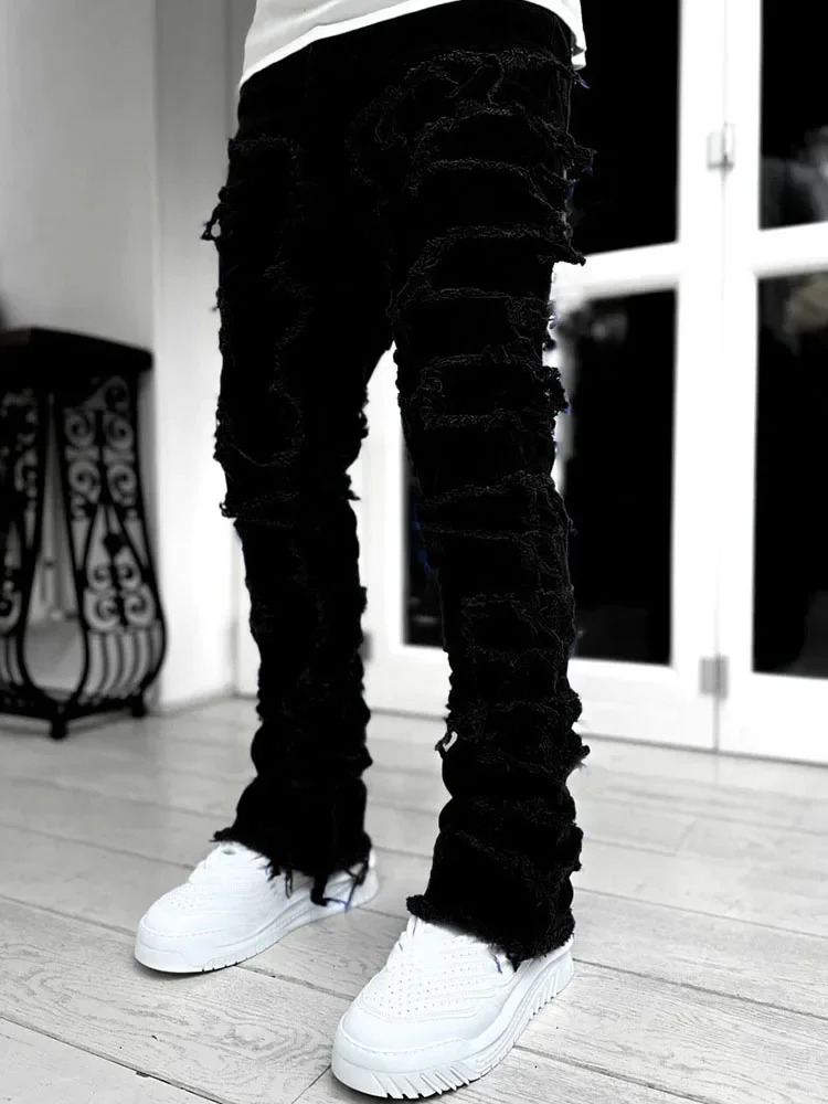 Street white mens stacked jeans with elastic splicing work fringe damaged denim full-length pants for men Hip pop Trousers 241113