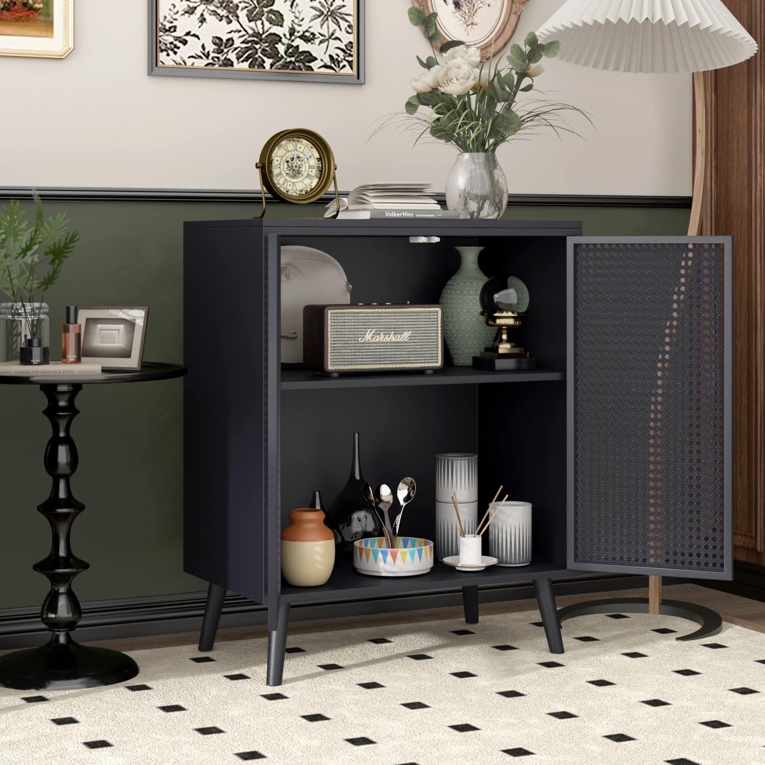 Metal Rattan Accent Cabinet - 2 Door Buffet Storage for Kitchen, Living Room and Hallway, Black