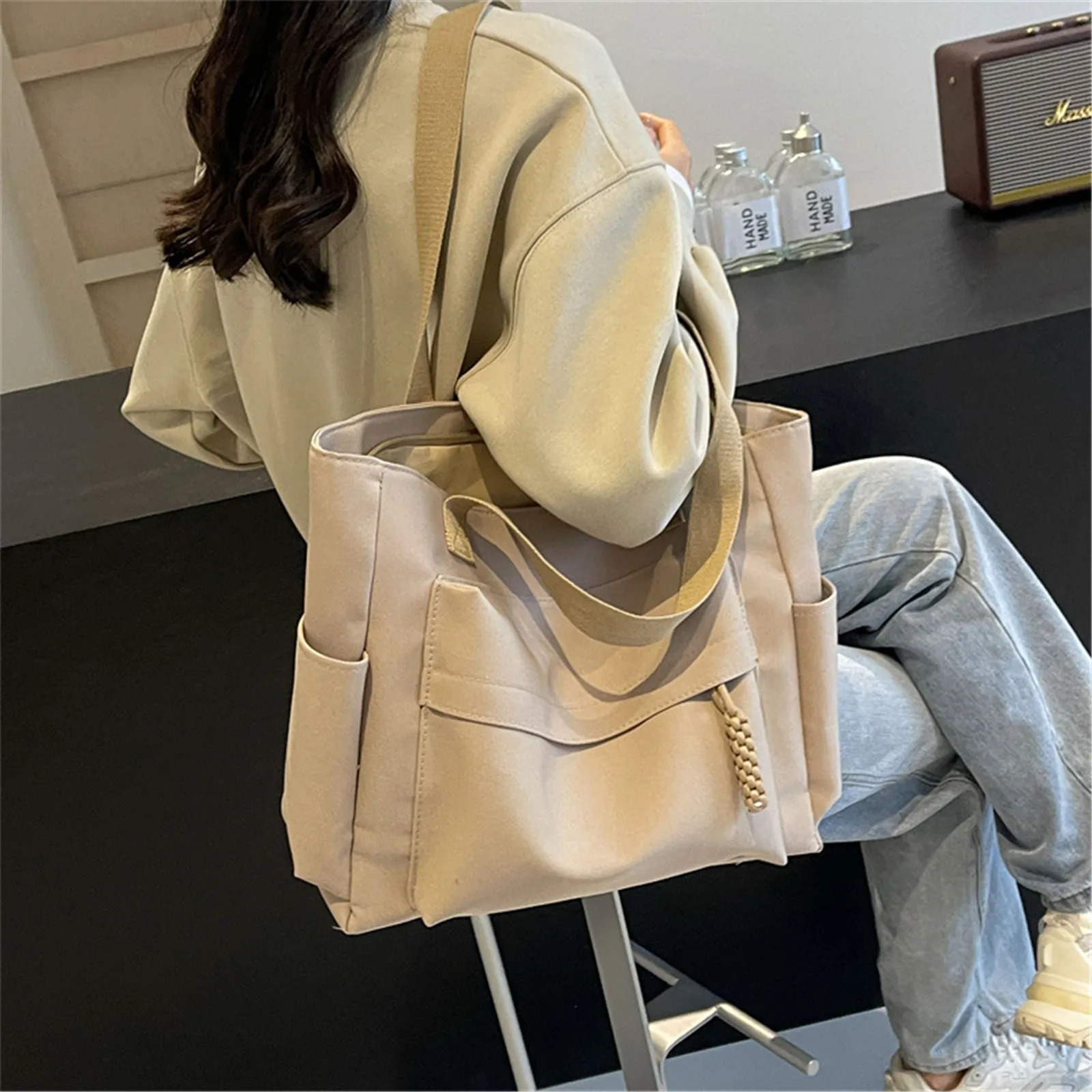 Large capacity womens canvas bag 2024 casual shoulder bag summer student commuting handbag 241112