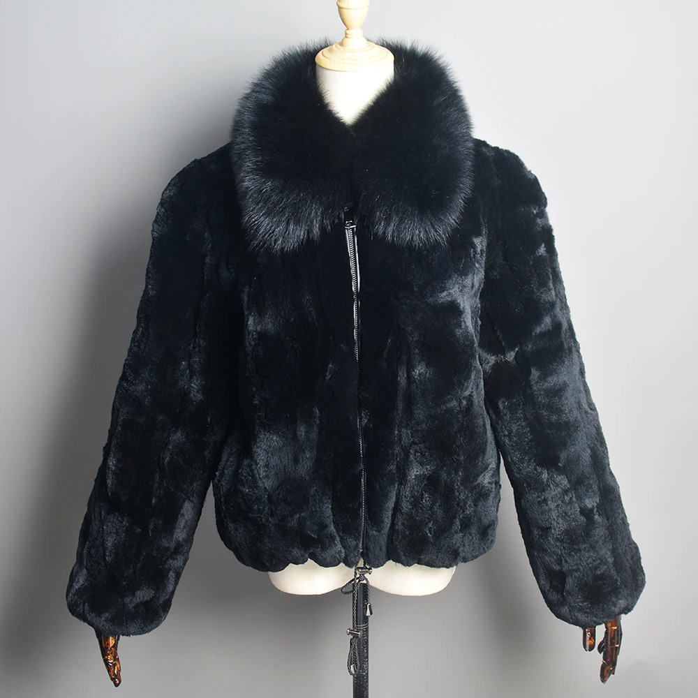 Women Winter Thick Natural Real Rex Rabbit Fur Coat Lady Warm Quality 100% Genuine Jacket With Fox Collar 241113
