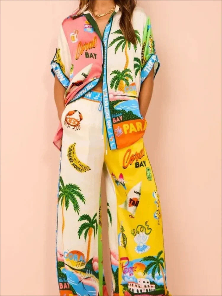 Women Holiday Casual Printed Coconut Trees Short Sleeve Shirt Blouse Top Loose Long Pants 2 Piece Set Summer Beach Outfits Suit 240402