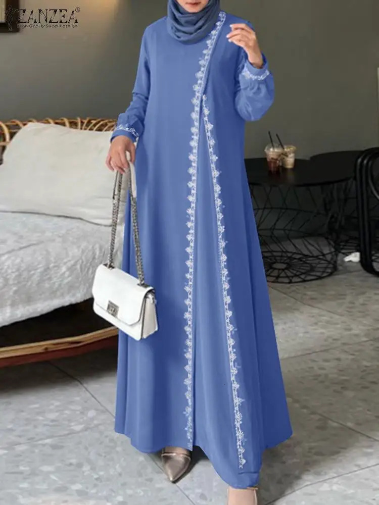 ZANZEA Spring Lace Crochet Dress Muslim Abaya Elegant Loose Tank Top Womens Long Sleeve O Neck Isiamic Robe Kaftan 241111