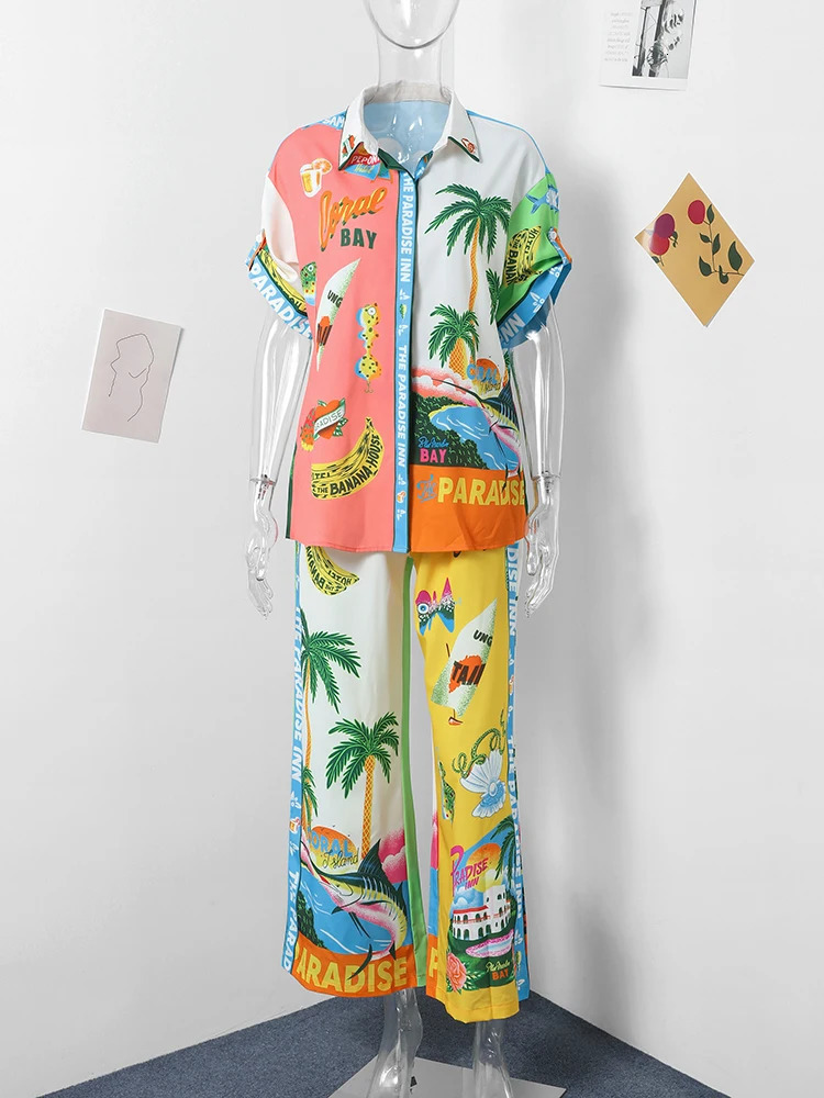 Casual Print Shirt Two Piece Set Women Loose Single Breasted Top High Waist Wide Leg Pants Female Suit 2024 Summer Lady Suits 240410