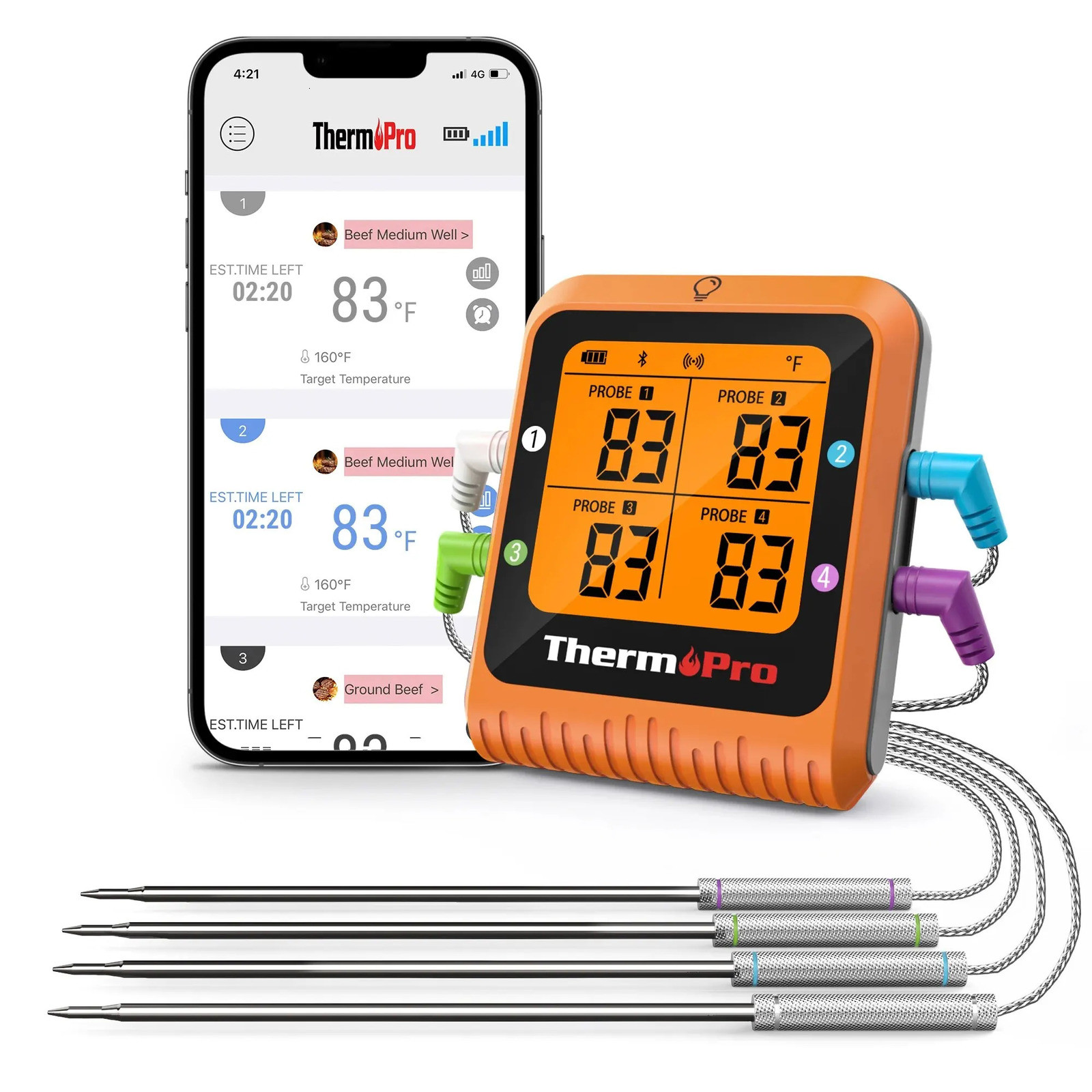 ThermoPro TP930 200M Wireless Remote Bluetooth Kitchen Digital Temperature Gauge with 4 Probes Used for Barbecue Meat Oven Barbecue Cooking 241113