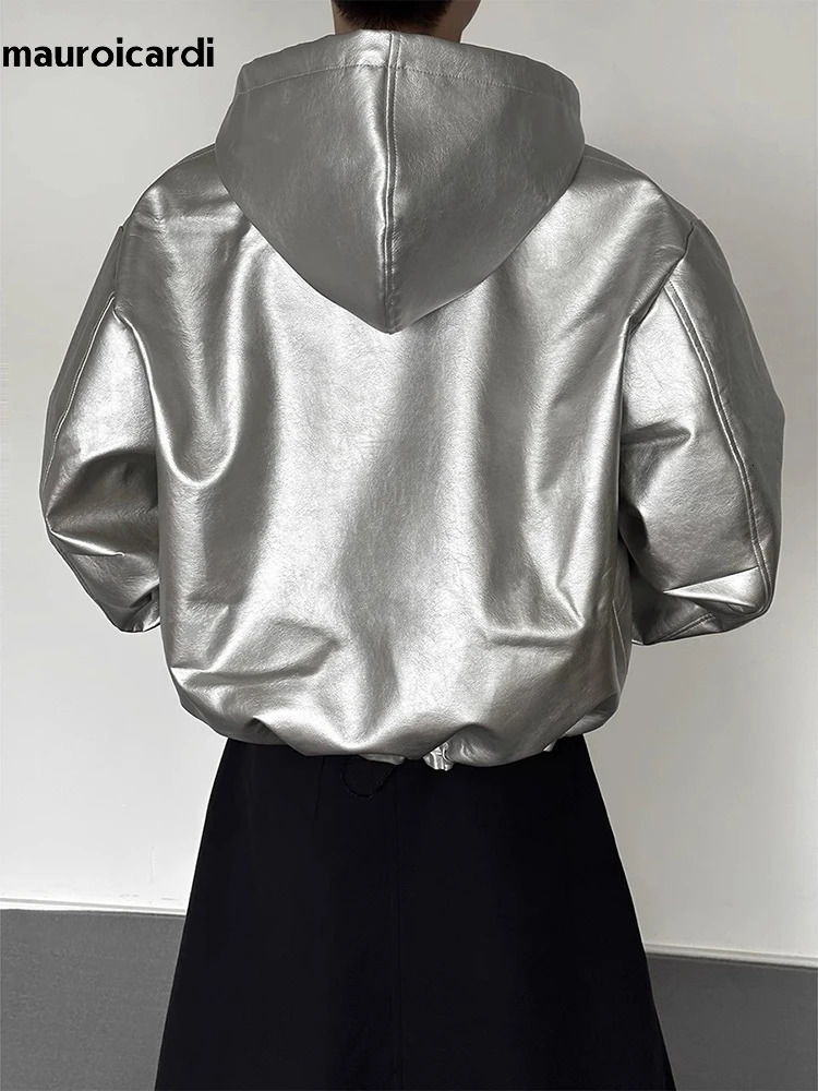 Mauroicardi Autumn Ultra Thin Waterproof Silver Pu Leather Jacket Mens Hooded Zipper Y2K Street Clothing 241112