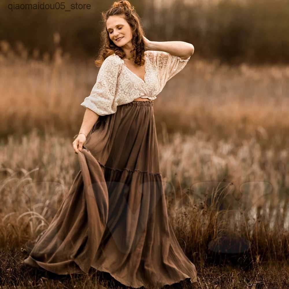 Maternity Dresses Bohemian Pregnant Womens Dress Lace and Linen Cotton Combination Two Piece Set Contrast Color Retro Design PhotoShoot Q240413