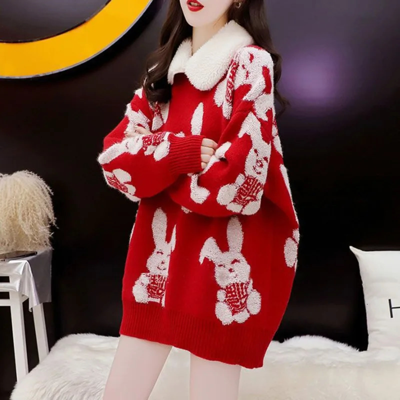 Wxw3823 Winter Red Christmas Knitted Sweater Womens Fur Collar Long Knitted Sweater Pulling Flower Womens Loose Warm Thick 241113