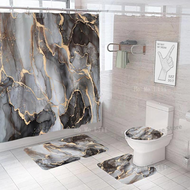 Shower Curtains Curtain Set Luxury Black And Gold Polyester Fabric Washable 3d Marble Toilet Cover Bathroom Accessories Se