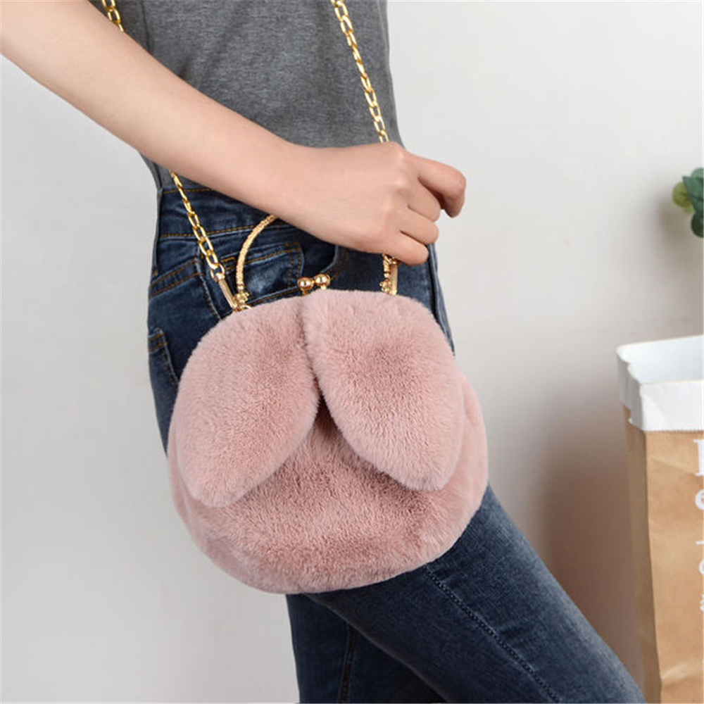 Cute Warm Winter Faux Fur Crossbody Bags for Girl Women Plush Handbag Lady Shoulder Bags Long-Eared Rabbit Messenger Bag