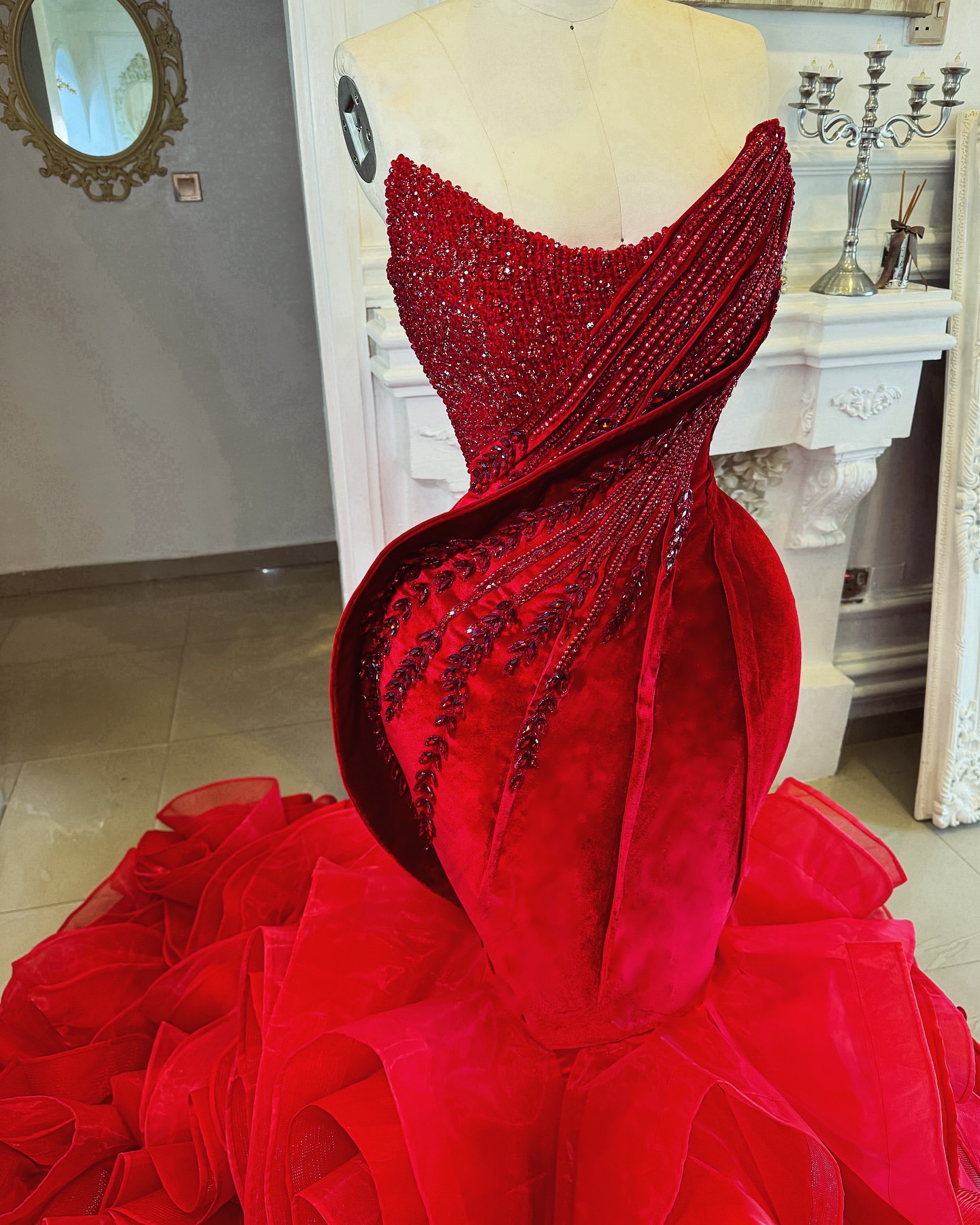 2024 Plus Size Red Mermaid Prom Dresses For Special Occasions Rhinestones Beaded Velvet Organza Evening Party Birthday Gowns Dress For Women Vestidos 
