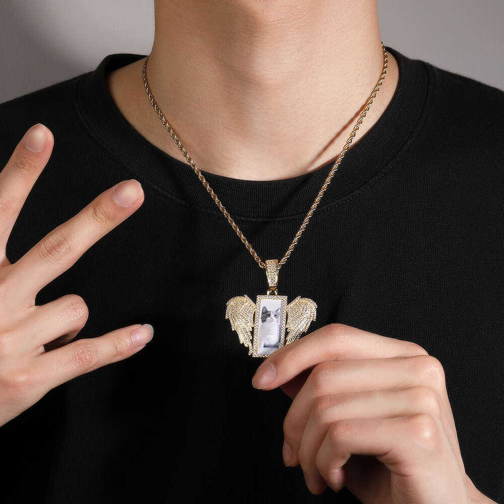 Top Quality Bling Rectangular Angel Wings Custom Photo Pendant Necklace Punk Hip Hop Jewelry New Creative Ins Style Necklaces Iced Out Cz Stone Jewelr