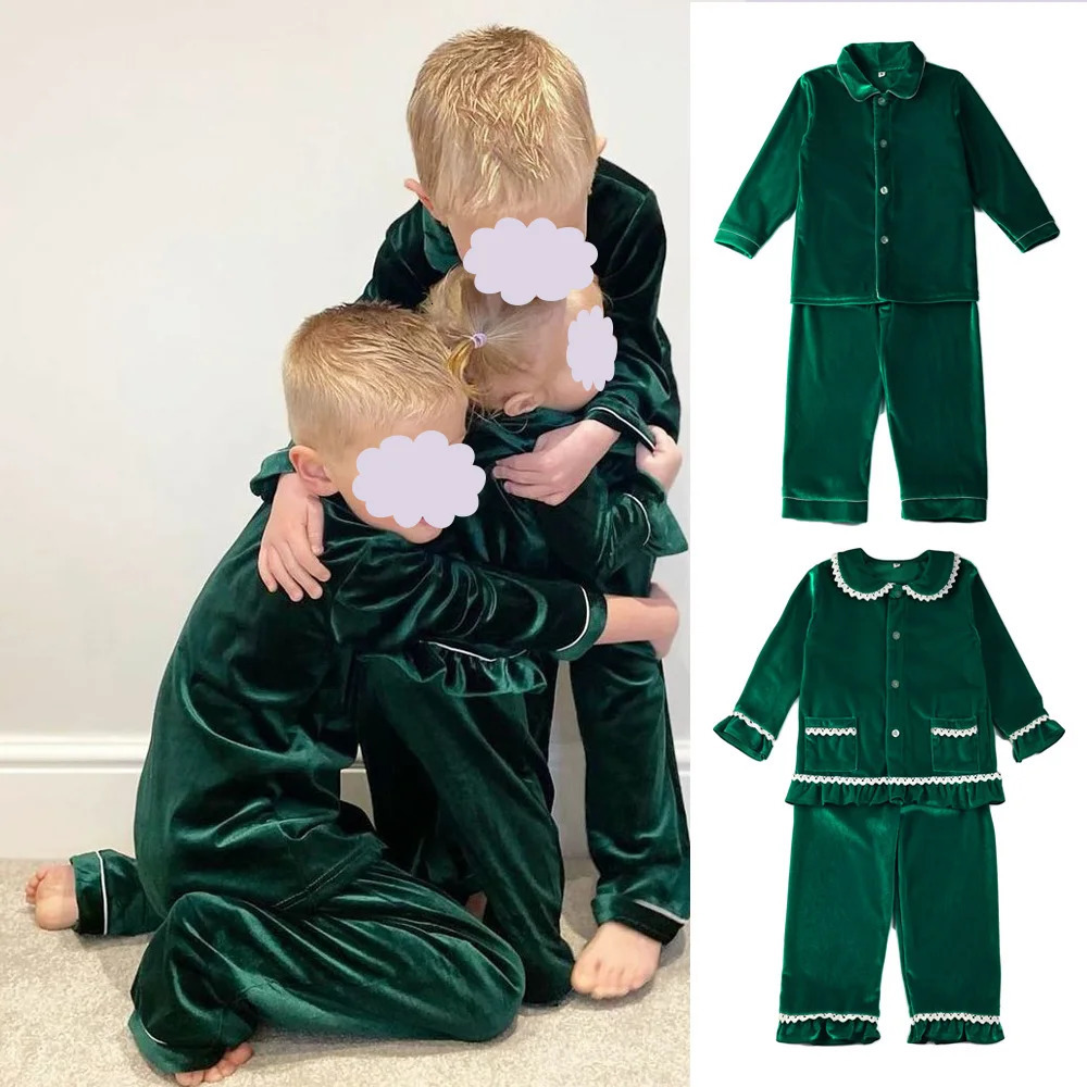 Matching Family Unisex Clothes Christmas Pyjamas Sets Soft Velvet Boys And Girls Ruffle Christmas Baby Pajamas Sets 241112