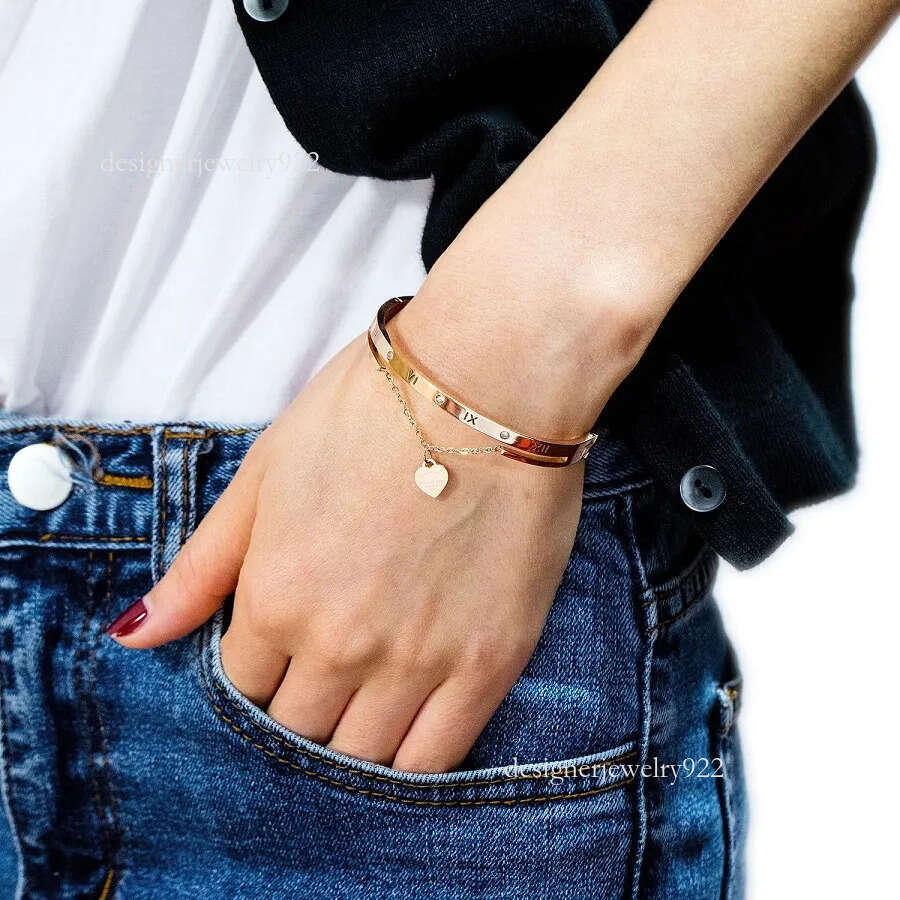 Fashion designer beautiful sparkg dia zircon heart charms bangle bracelet for woman girls 17 cm rose gold titanium steel