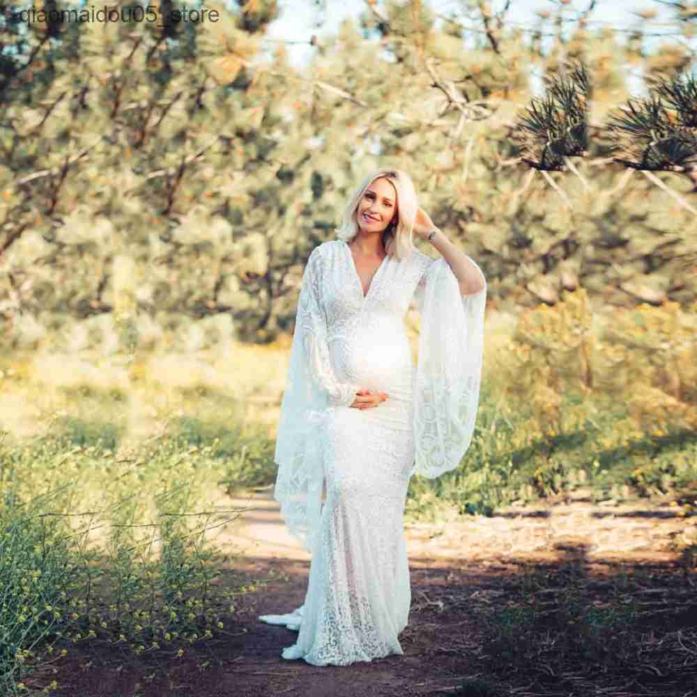 Maternity Dresses Pregnant Women Photography Dress Lace Womens V-neck Wrapped Flash Sleeves Maxi Baby Shower Photo Shooting Q240413