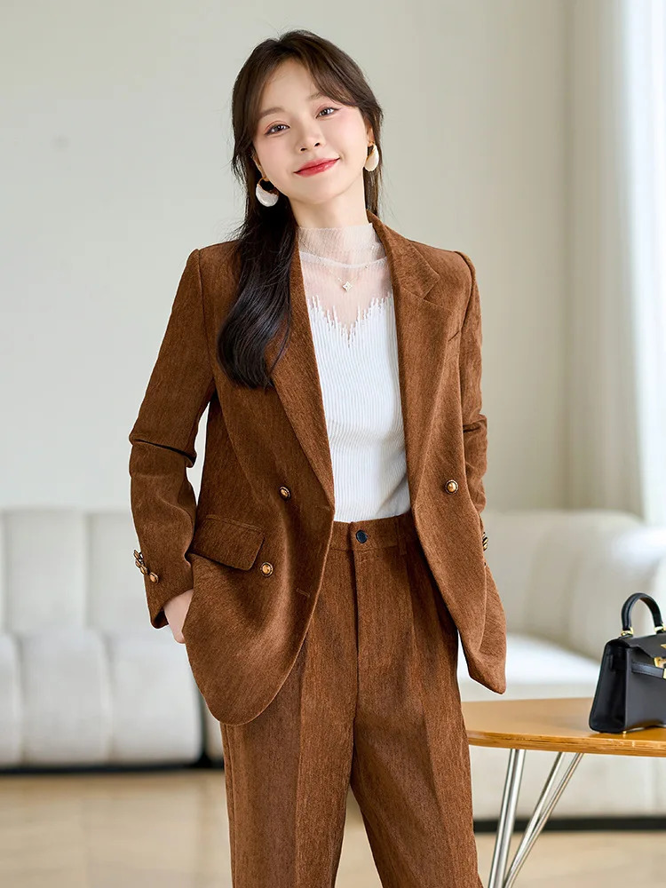 Winter Women Fashion Elegant Corduroy Pantsuit Vintage Chic Blazer Jackets and Pants Two Pieces Set Female Clothes Outfits 241113