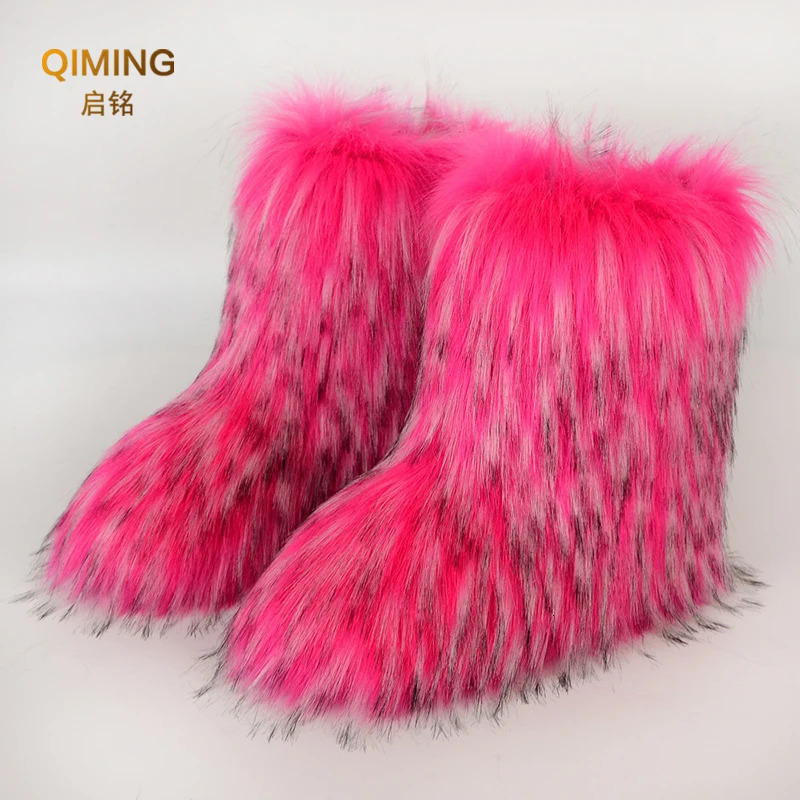 Women Faux Fur Boots Winter Fluffy Plush Warm Mid Calf Snow Boots Fashion Furry Boots Comfortable Outdoor Flat Shoes 241112