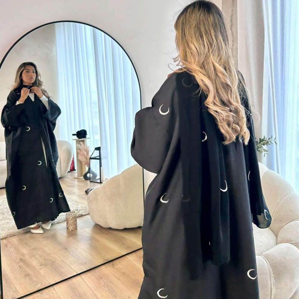 New Dubai Open Abaya Muslim Women Elegant Moon Embroidery Cardigan Robe Turkey Arab Kimono Coat Eid Ramadan Islam Clothing