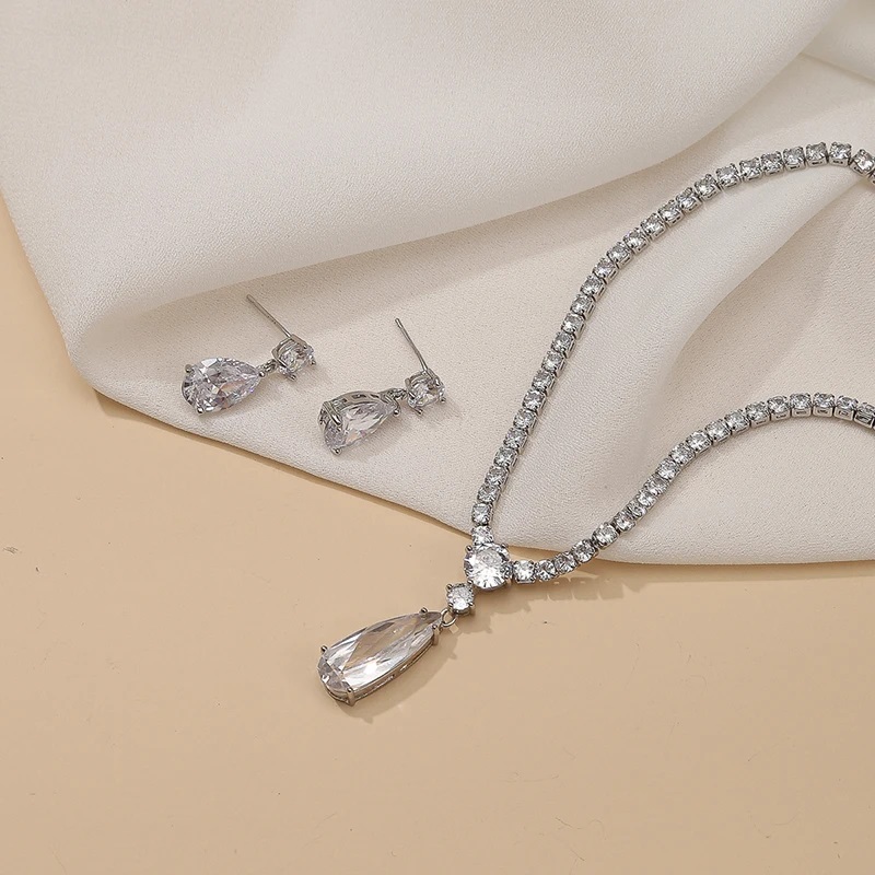 Water Drop Rhinestone Obega Long Pendant Crystal Sier Plated Necklace Earrings Elegant Zirconia Bridal Wedding Jewelry Set smile