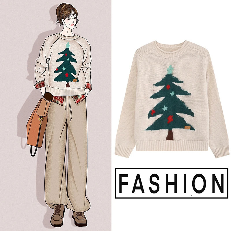 Year Christmas Tree Jacquard Womens O-neck Thick Zipper Australian Wool Knitted Sweater Winter Loose and Casual n 241113