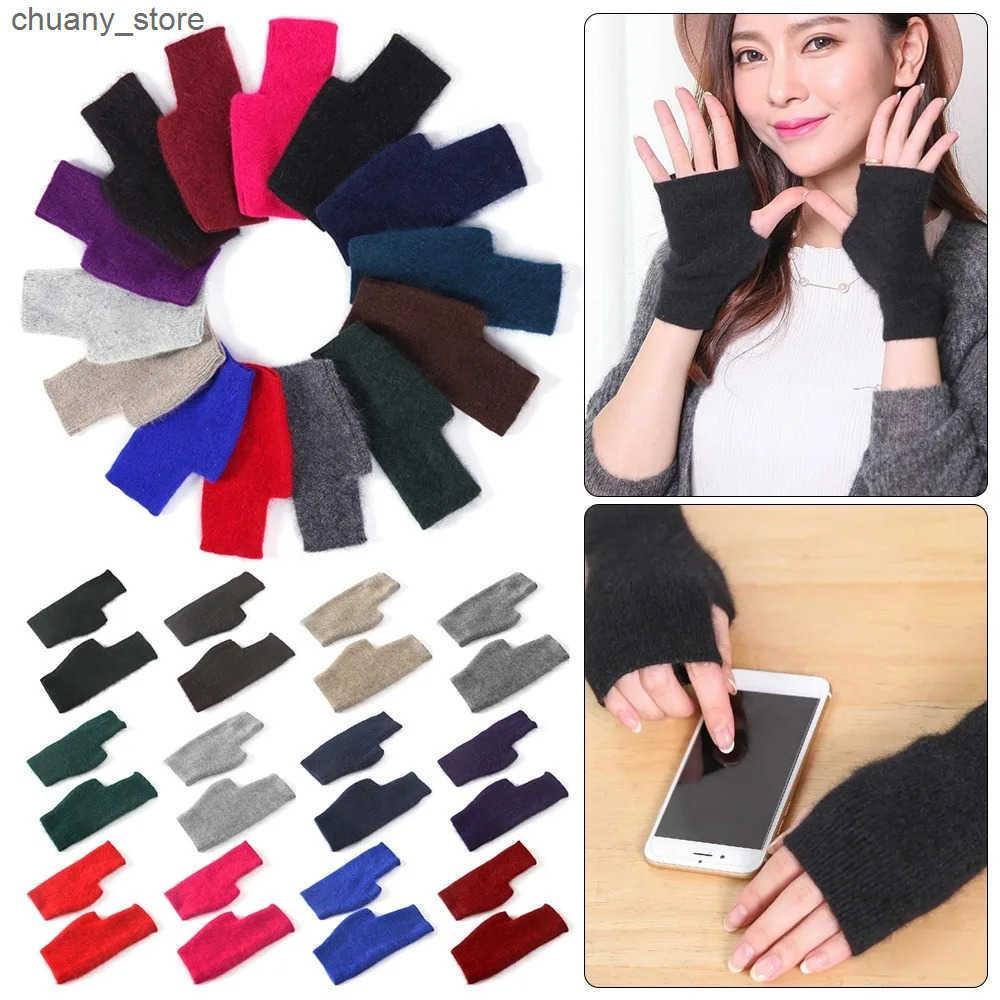 Fingerless Gloves Mink Cashmere Gloves Autumn Winter Women Girl Gloves Fingerless Warm Knitted Wool Mitten Wrist Length Thumb Hole Mitts Fashion L2409