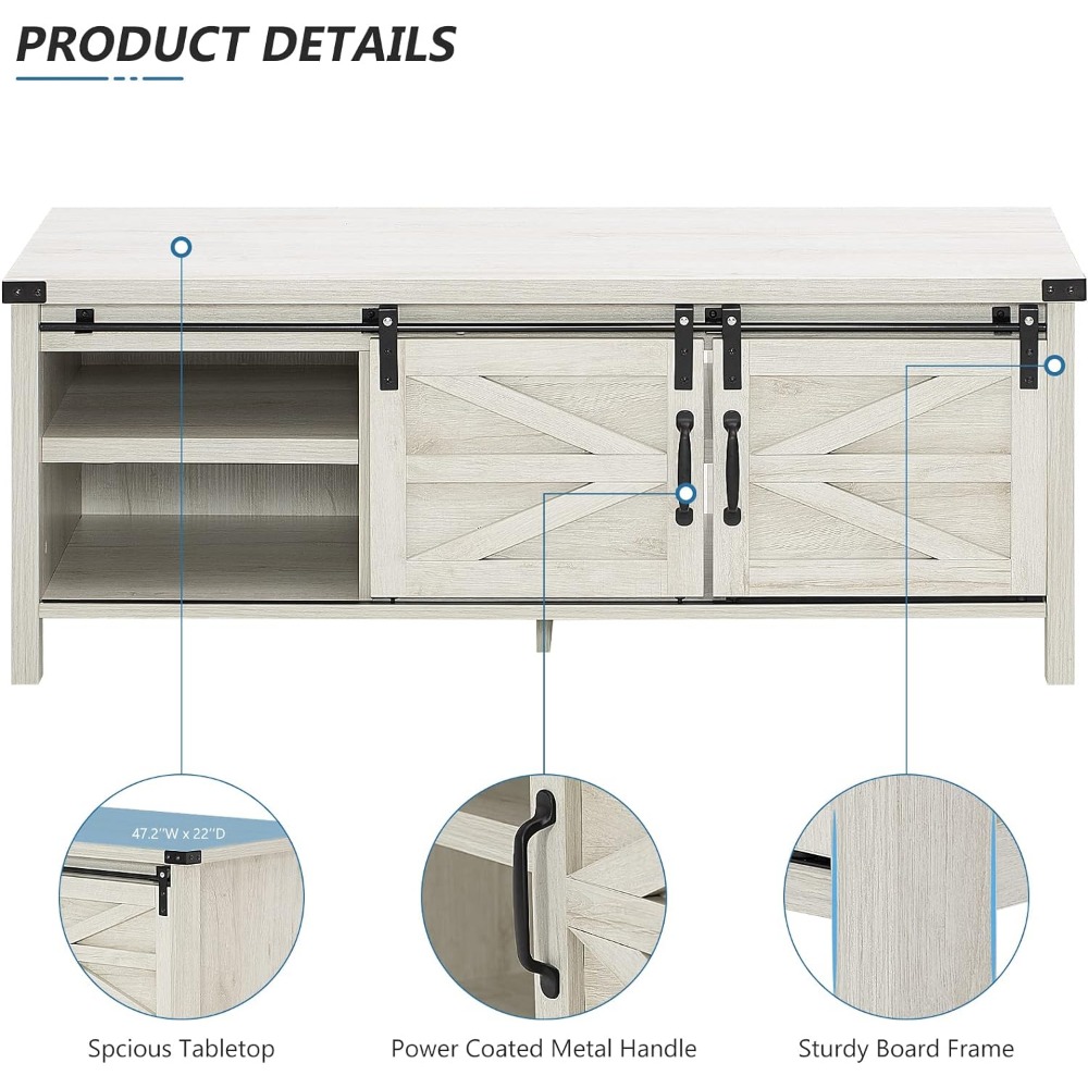 HOMFAMILIA Farmhouse Coffee Table with Sliding Barn Doors & Storage, White Rustic Wooden Center Rectangular Tables w/Adjustable
