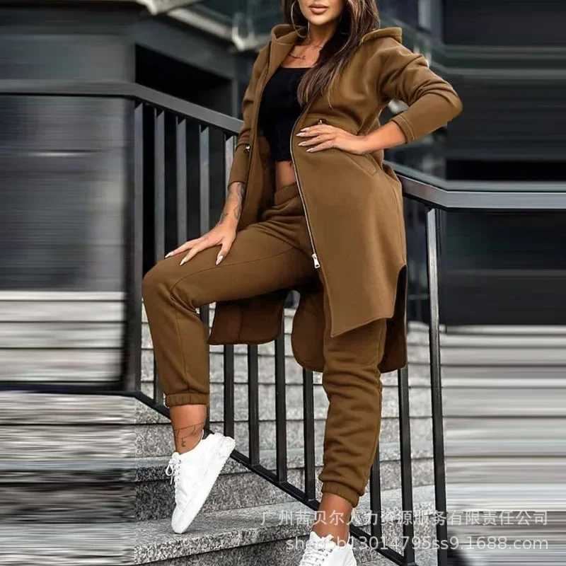 2024 Autumn Winter New Womens Hooded Jacket Trousers Suit Casual Everyday Joker Two-Piece SetX241112