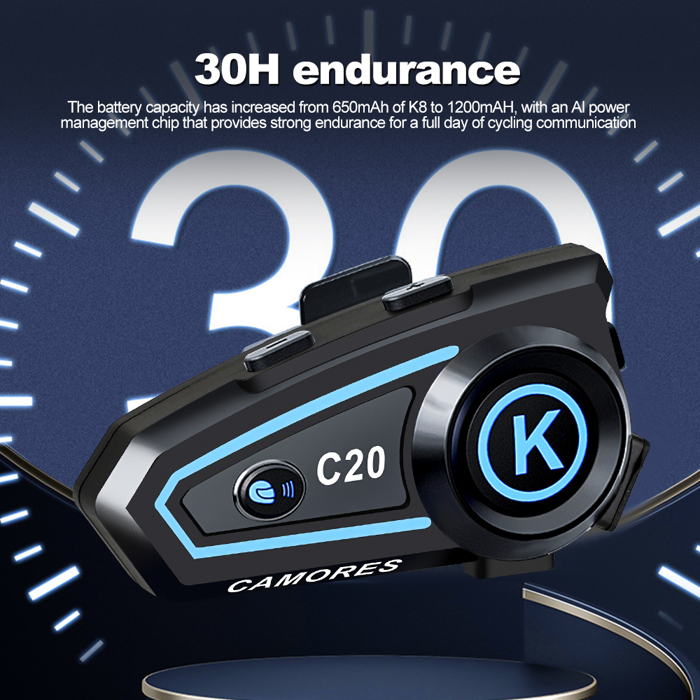 C20 Motorcycle Helmet Headset Stereo Bluetooth Hands Free Call IPX6 Waterproof 1200mAh With Tri-Color Ambient Light