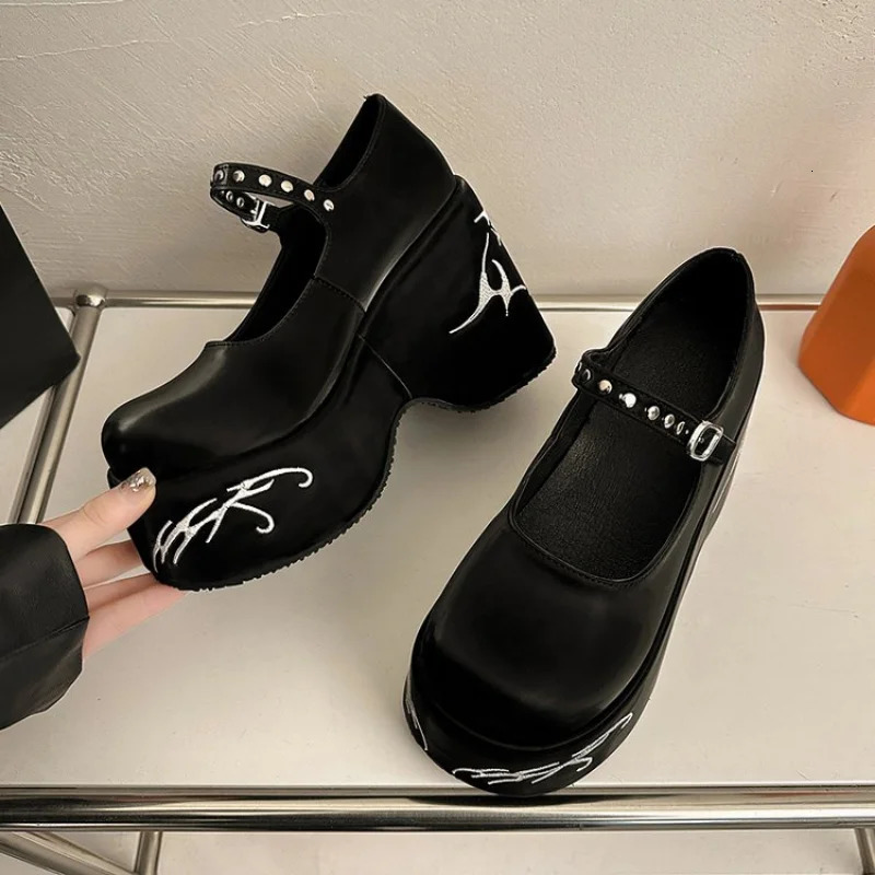 Women Platform Marie Janes Shoes 2024 Spring High Heels Shoes er Print Random Shallow Shoes Dress Pumps Zapatos Mujer 241112