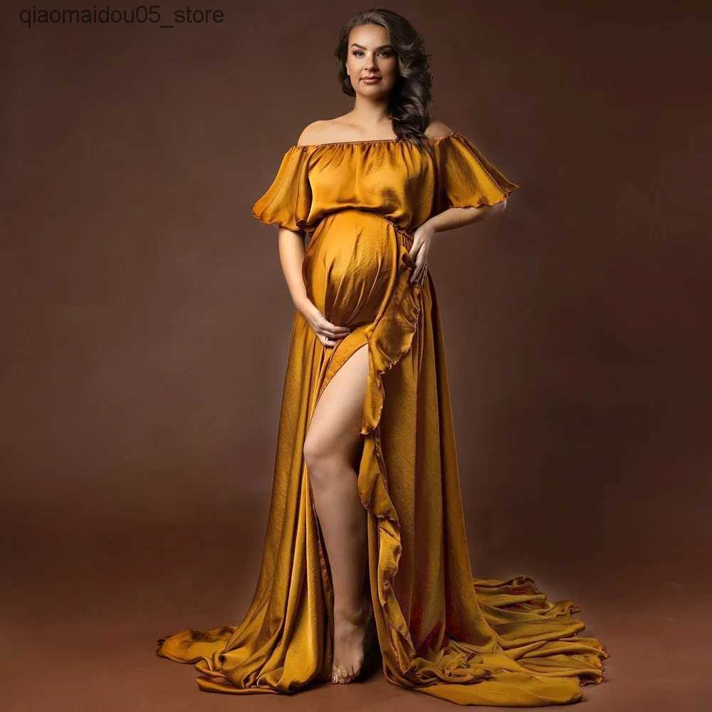 Maternity Dresses Bohemian off shoulder maternity dress photography dress pleated satin split style dress baby shower dress photo shoot Q240413