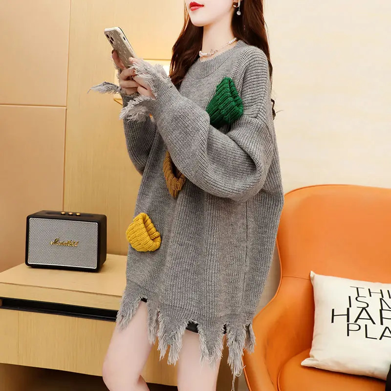 Autumn/Winter Korean Fashion Patch O-neck Long Sleeve Christmas Sweater Loose tassel Pullover Womens Dress 241113