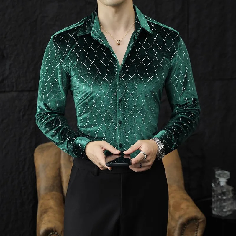 Autumn Velvet Plain Shirt Mens Long Sleeve Casual Business Dress Shirt Fashion Ultra Thin Social Street Clothing Mens Clothing 241113