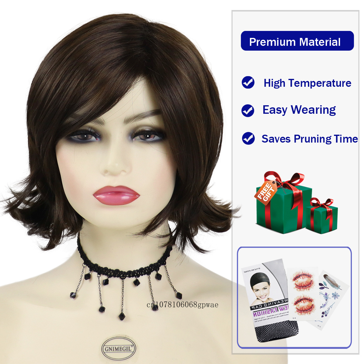 Hair Natural Deep Brown Synthetic Wig with Bangs Bob Cut Hair Short Curly Wig for Women Daily Cosplay Halloween Party Female Wig smile