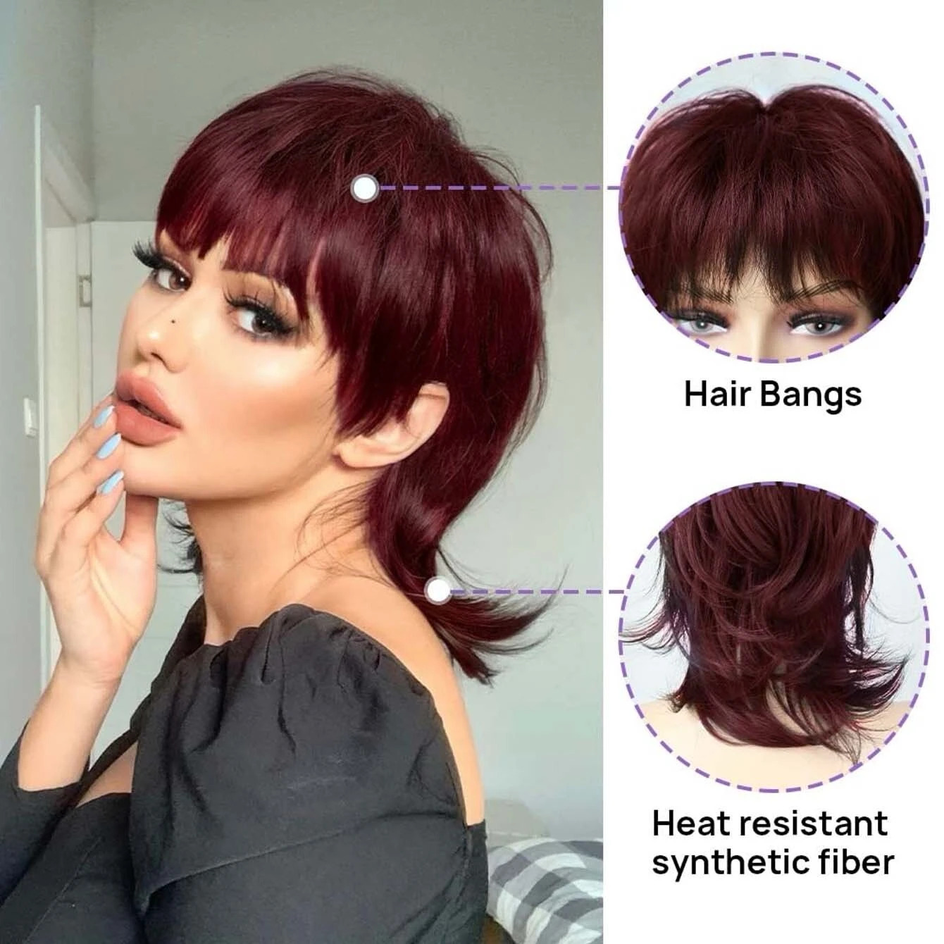 Wig Cut for Women Pixie Short Wine Red Wig with Short Layered Mullet Wigs Ombre Bury Pixie Synthetic Wig Heat Resistant Wig smile