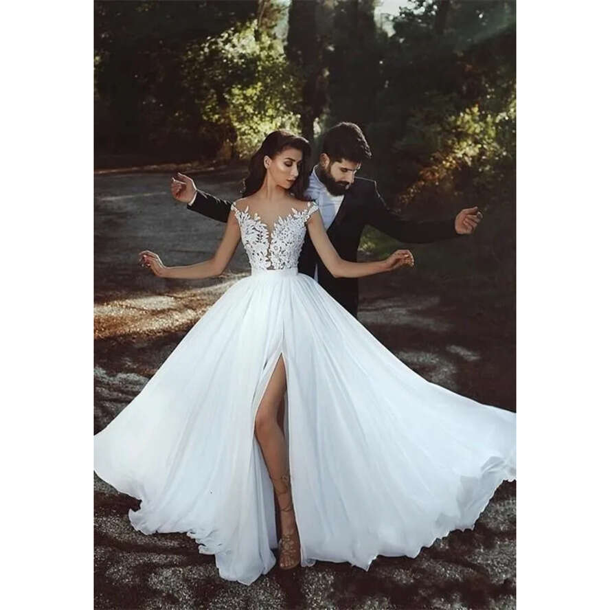 Plu Size Arabic Cheap A E Wedding Dree Illuion Cap Sleeve Lace Applique Split Chiffon Bohemian Beach Sweep Train Bridal Gown Pplique 0914